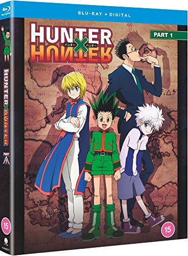 Hunter x Hunter Blu-ray cover featuring four anime characters and map background.
