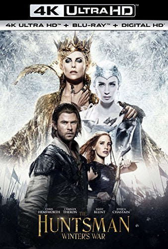 Huntsman: Winter's War Blu-ray cover featuring Charlize Theron, Chris Hemsworth, and Jessica Chastain.
