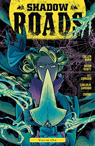 Comic book cover: woman with spear, glowing energy, and title “Shadow Roads”.