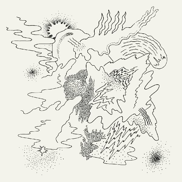 Black and white line drawing of abstract shapes resembling a bird.