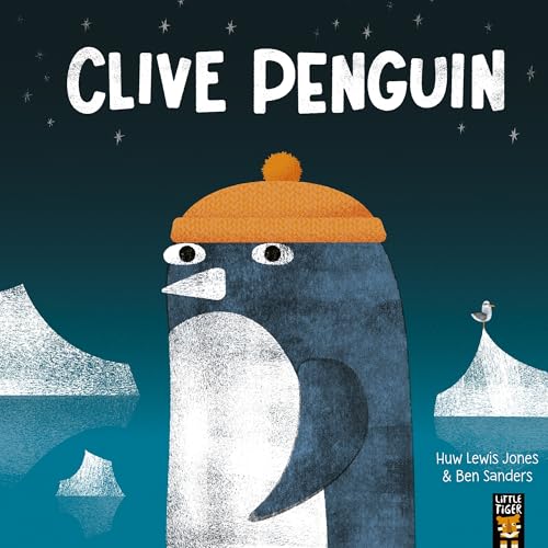 A penguin wearing an orange beanie stands against a dark, starry, icy background.