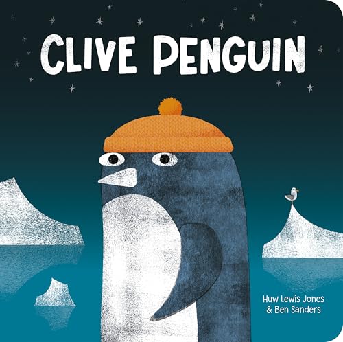 A penguin wearing an orange beanie stands before icebergs under a starry night sky.