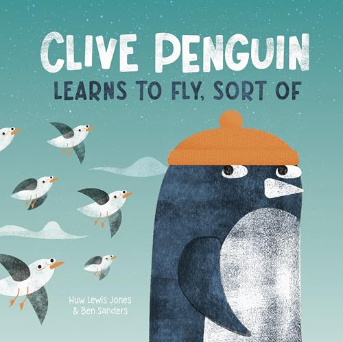 A penguin wearing an orange hat watches several small birds flying in a teal sky.