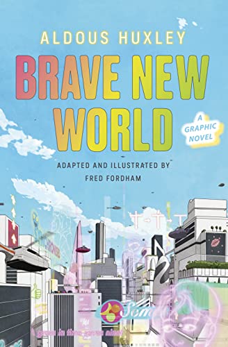 Brave New World" graphic novel cover with futuristic city and flying vehicles.