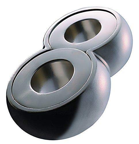 Silver metal puzzle with two interlocking, rounded, hollow forms.