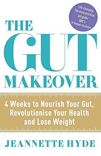 Book cover for The Gut Makeover by Jeannette Hyde with a tan measuring tape graphic.