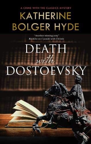 Book cover: “Death with Dostoevsky” with a statue and bookshelves.