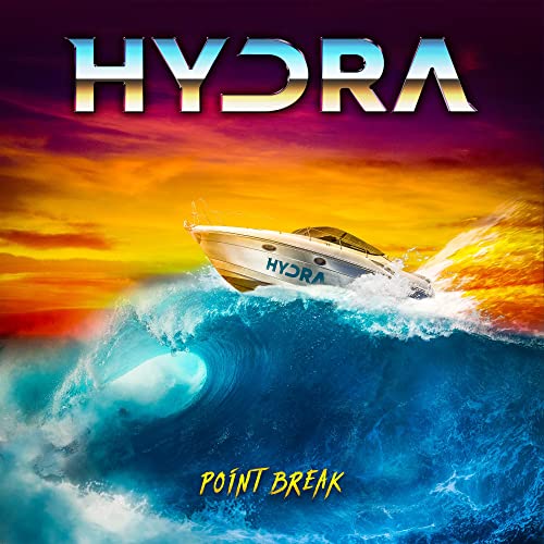 CD cover: boat surfing a large wave against a sunset sky.