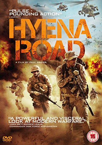 DVD cover for “Hyena Road” depicting soldiers in a warzone.