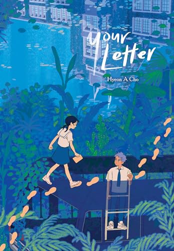 A girl and boy in school uniforms stand in a lush, blue-toned garden setting.