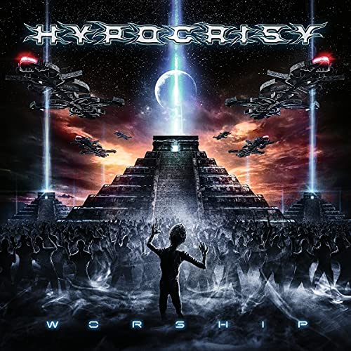 Hypocrisy “Worship” CD cover: pyramid, spaceships, and silhouetted figures.