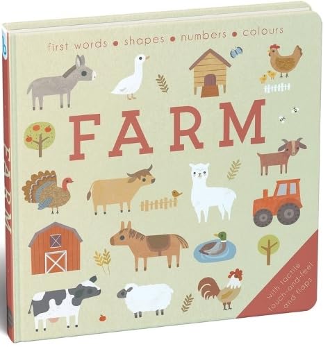 Farm animals and objects illustrated on a children’s board book cover.
