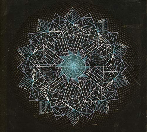 Geometric, starburst-like design in white and teal on a dark background.