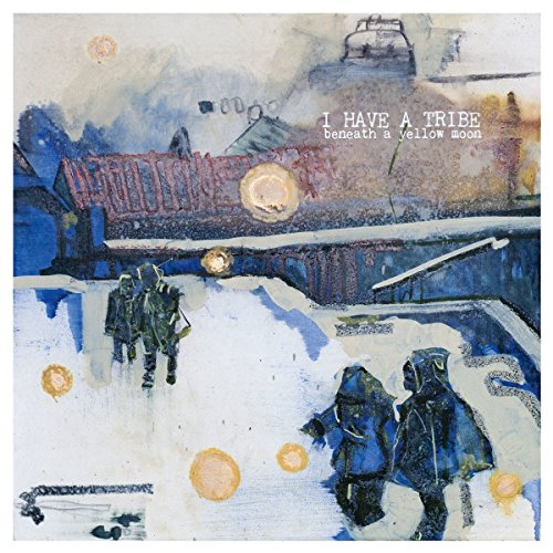 Painted album cover with figures, buildings, and yellow moon shapes.