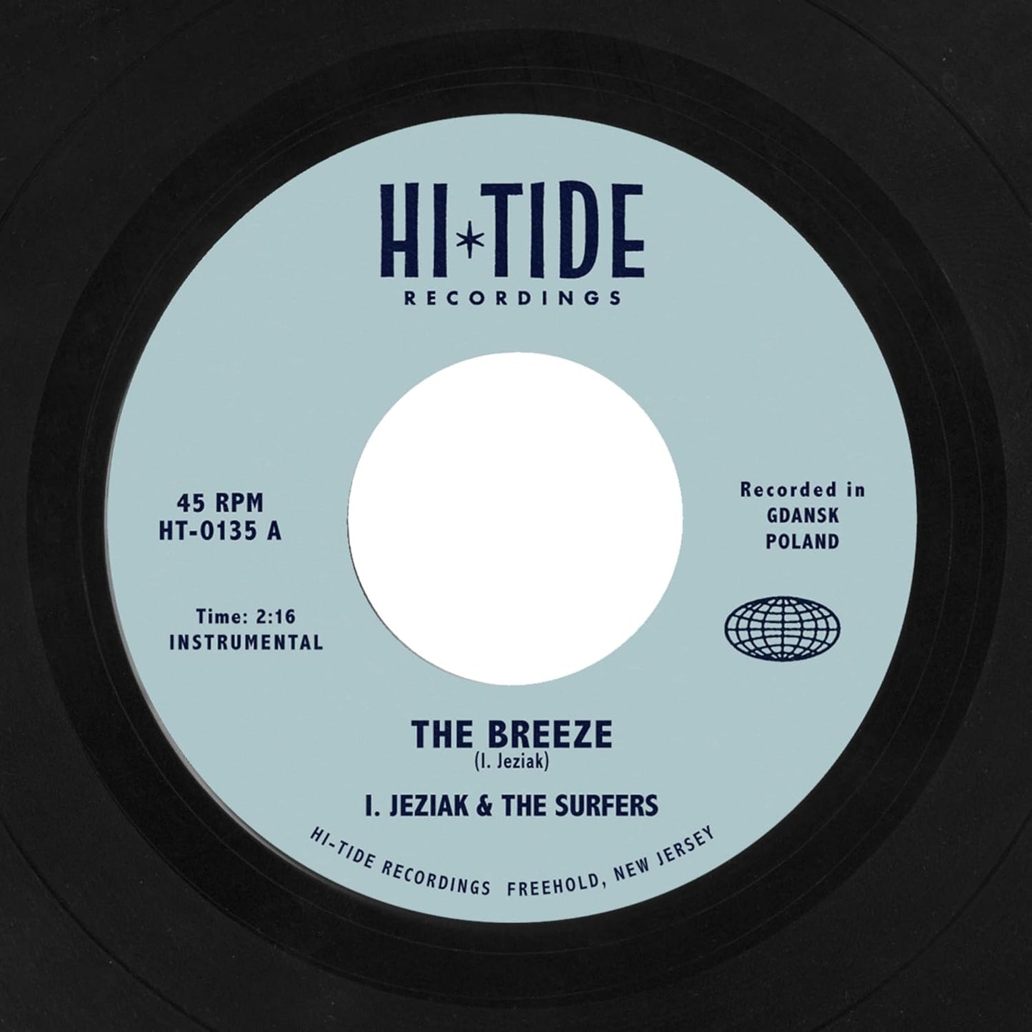 Blue and black vinyl record label with text and a globe image.