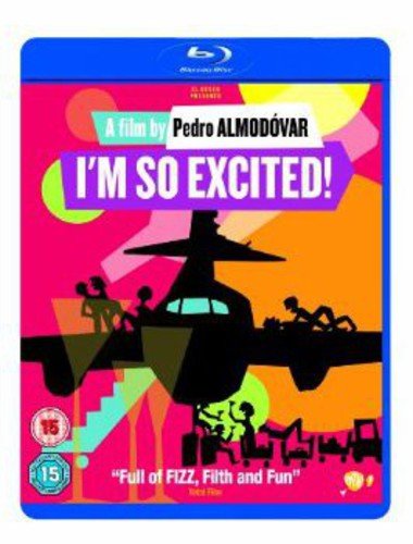 Blu-ray cover for I'm So Excited! featuring a colorful airplane silhouette and abstract figures.