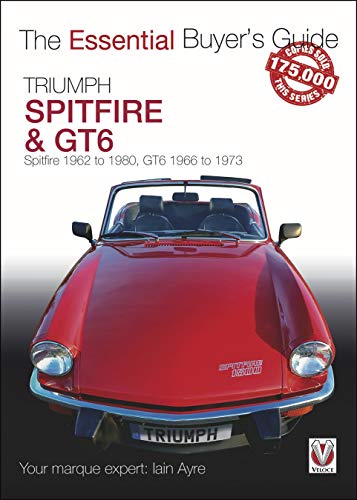 Red Triumph Spitfire car on book cover, “The Essential Buyer’s Guide.”