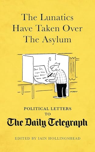 Book cover with a cartoon of a man writing in a padded cell.