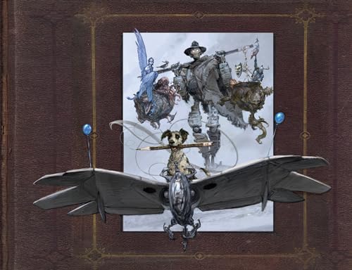 Sketchbook cover featuring fantastical character designs and a flying dog-machine.