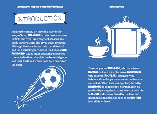 Book page with text, a teapot, teacup, and a soccer ball illustration.