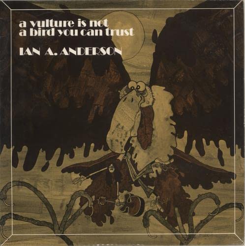Album cover: a vulture with musical instruments in a dark landscape.