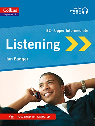 Collins "Listening B2" textbook cover with a man using headphones.
