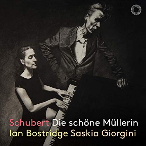 Black-and-white image of man and woman playing piano, with red and white text overlay.