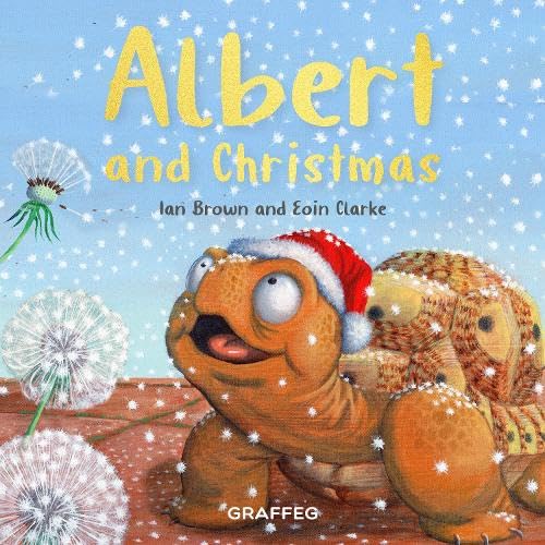 Book cover: a surprised tortoise wearing a Santa hat with dandelions.