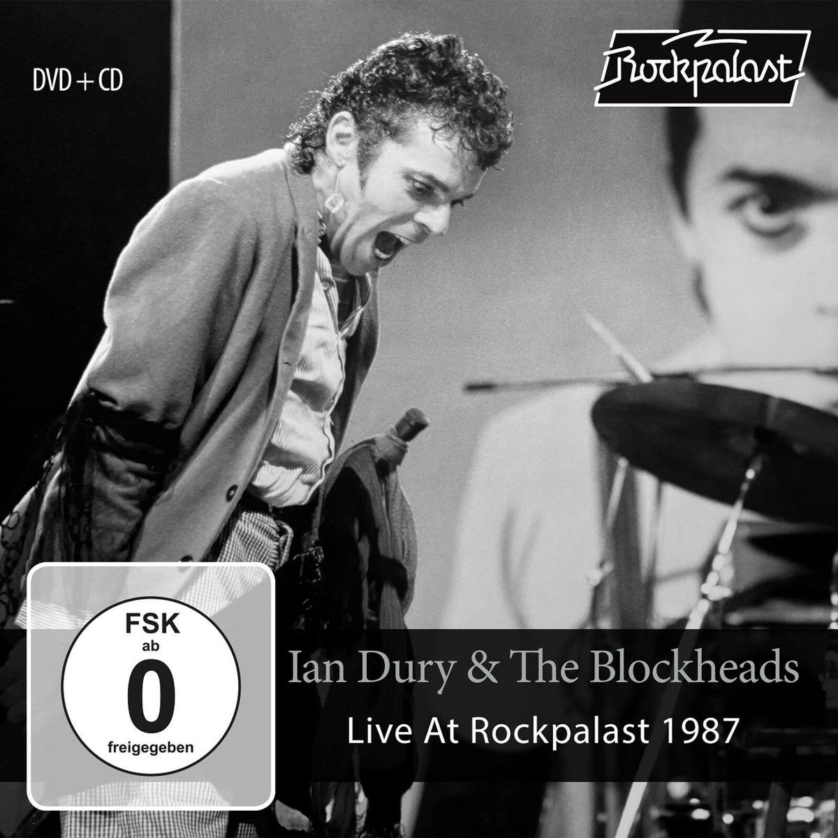 Black and white album cover of Ian Dury singing live at Rockpalast.
