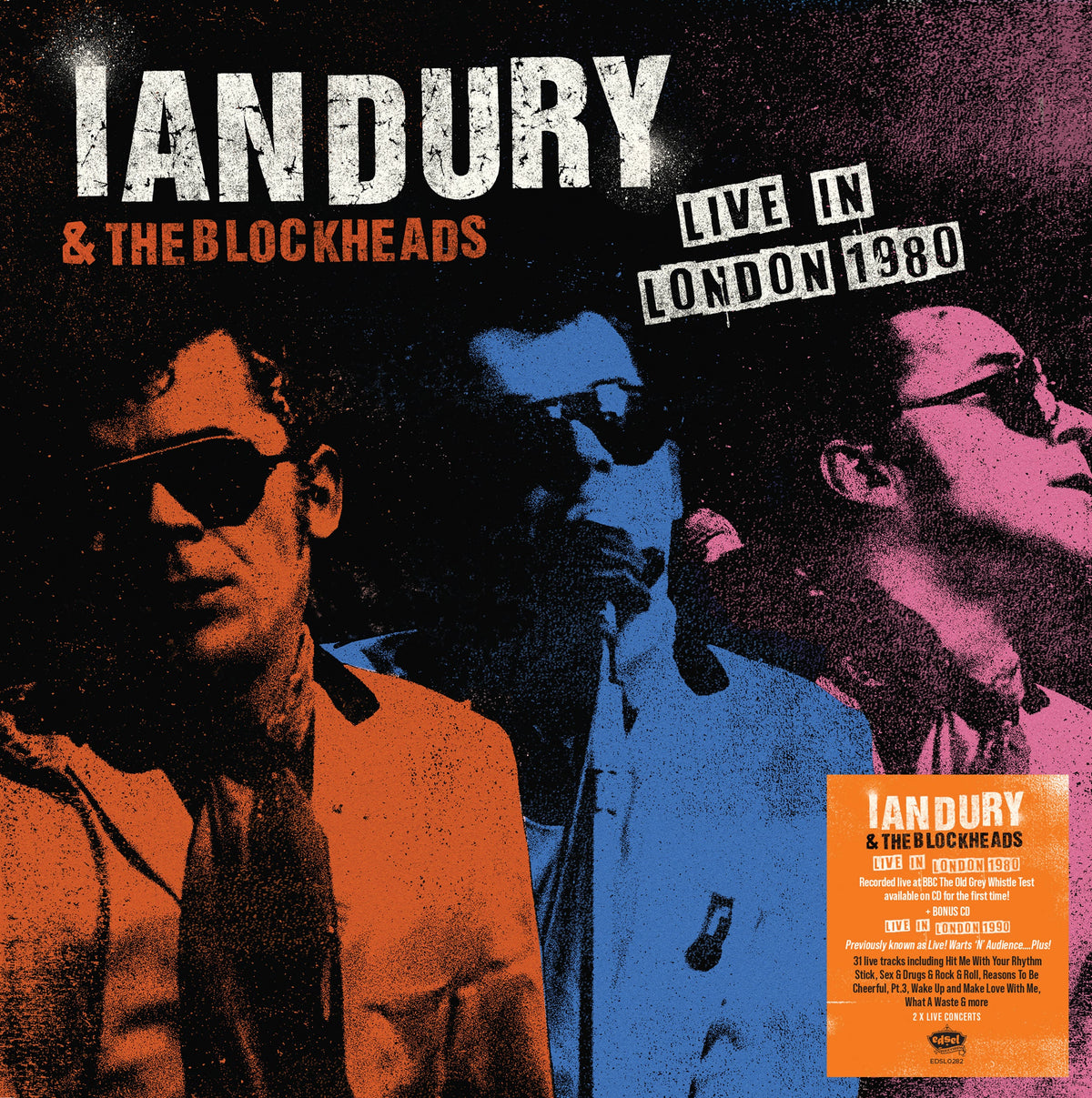 Album cover featuring Ian Dury and The Blockheads with stylized, high-contrast, multi-colored portraits.