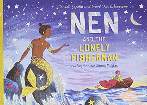 Book cover: mermaid with dark skin, waves, small boat under starry sky.