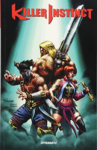 Comic book cover: three fighters with swords, dramatic lighting.