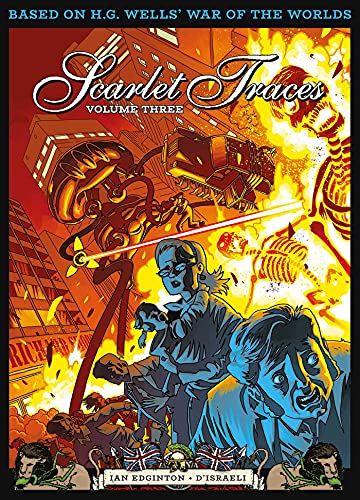 Comic book cover showing a chaotic city scene with alien tripods and terrified people.