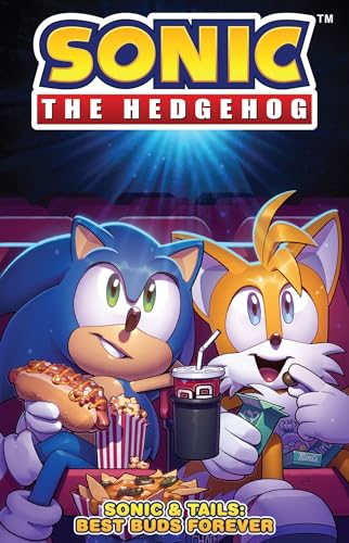 Sonic and Tails sitting in a movie theater eating snacks under a Sonic logo.