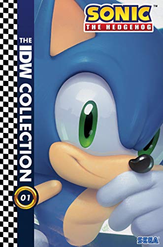 Close-up of Sonic the Hedgehog on a book cover with a checkered side border.