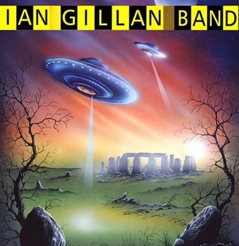 CD cover: UFO over Stonehenge with silhouetted trees and sunset.