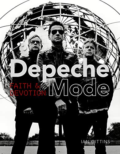 Black and white photo of Depeche Mode band members with globe backdrop.