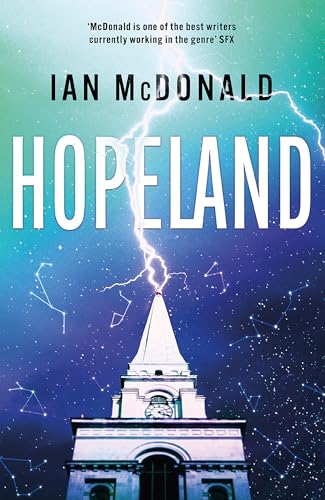 Book cover for "Hopeland" with a tower struck by lightning.