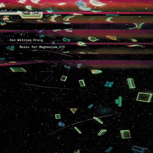 Album cover with glitchy, dark background, floating neon geometric shapes, and white text overlay.
