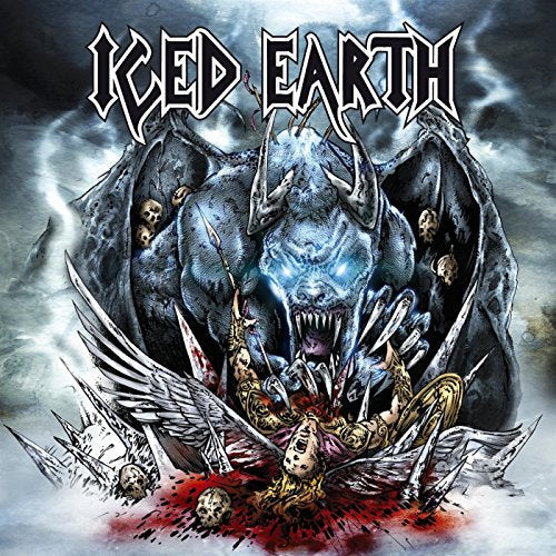 "Iced Earth CD cover with a demon attacking a fallen angel amidst skulls."