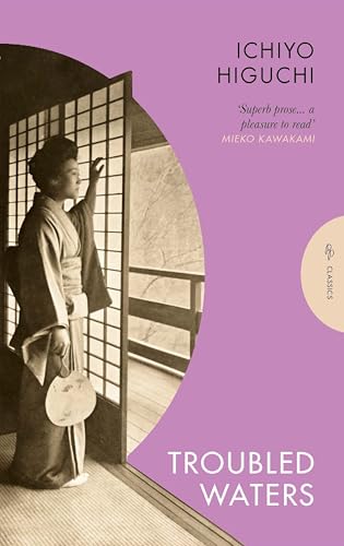 Book cover: woman in kimono standing in doorway, purple background.