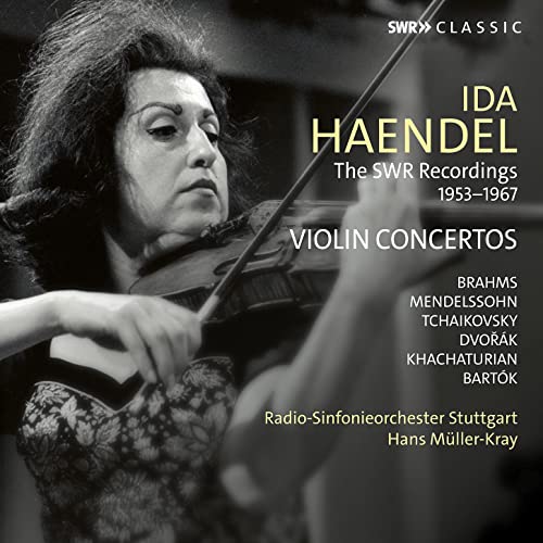 Black and white CD cover featuring violinist Ida Haendel playing.