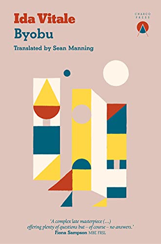 Book cover for "Byobu" with abstract geometric shapes in teal, yellow, and red.