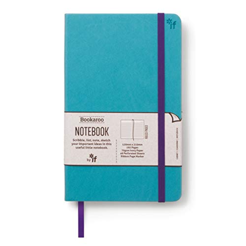 Turquoise Bookaroo notebook with purple band and label.