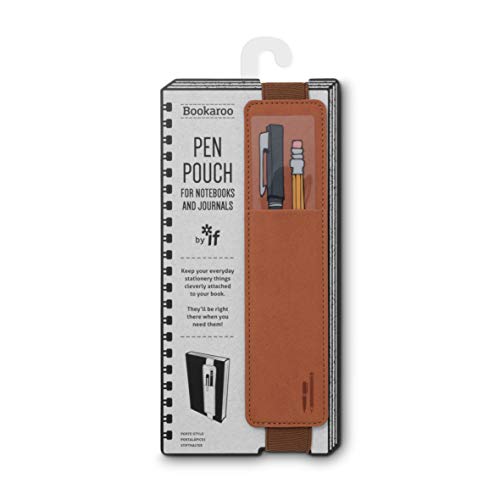Brown Bookaroo pen pouch attached to a grey display card with a pen and pencil.