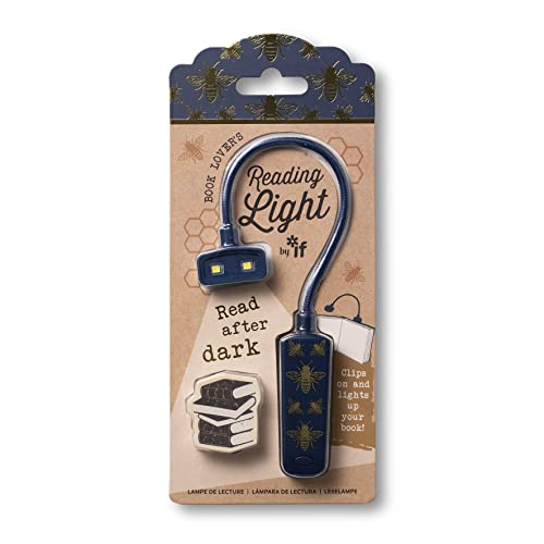 Blue bee-themed flexible reading light clipped to a cardboard package.