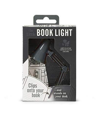 Packaging for a small, dark gray flexible clip-on book light.