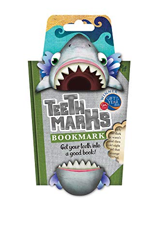 Shark-shaped bookmark in packaging, with open mouth appearing to bite a book.