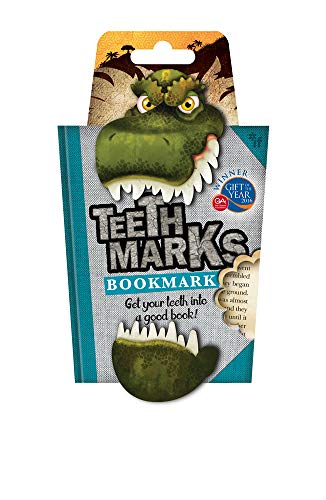 Green T-Rex head shaped bookmark packaged on a cardboard backing.