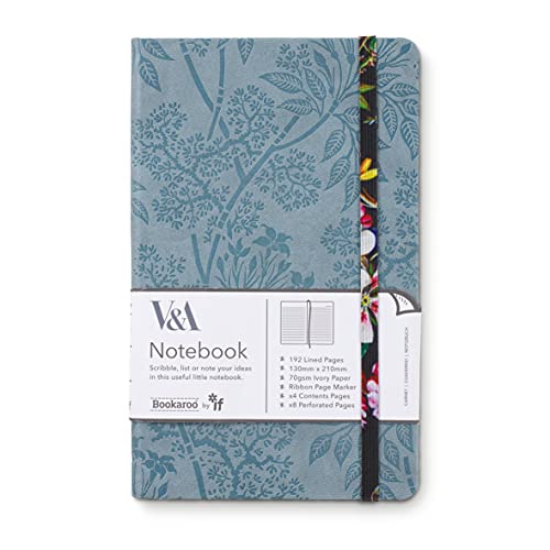 Blue floral A5 notebook with black elastic band and V&A label.